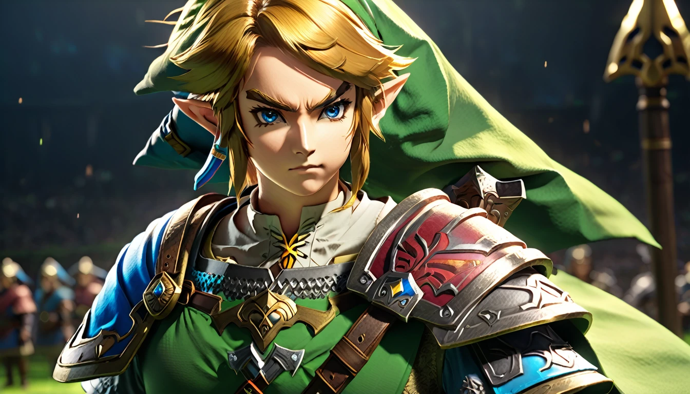 a young anime-style warrior, wielding the master_sword and shield_hyrule, ready for battle, dynamic fantasy scene, plain background, (best quality,4k,8k,highres,masterpiece:1.2),ultra-detailed,(realistic,photorealistic,photo-realistic:1.37),dynamic lighting,cinematic angle,highly detailed armor and equipment,vivid colors,fantasy art style