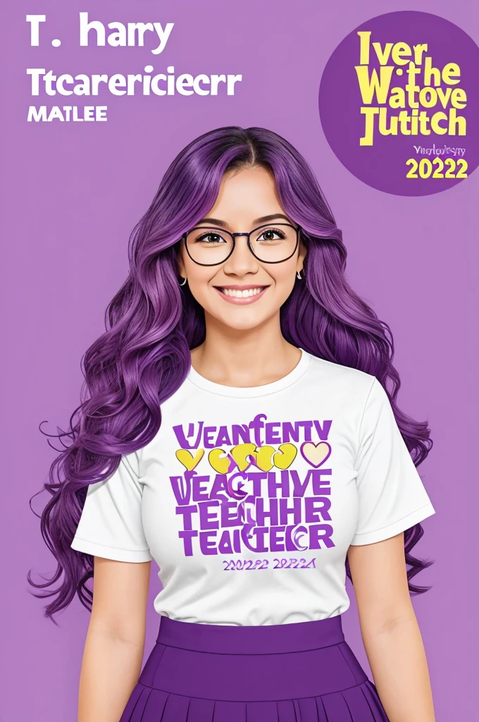 Teacher cartoon, with glasses, long wavy hair, happy, with colorful background in purple tones, lilac and yellow, with writing on the right that says "a wonderful experience with a wonderful teacher, We love you, your children from the 2023 - 2024 promotion Mae Paola colmenares"