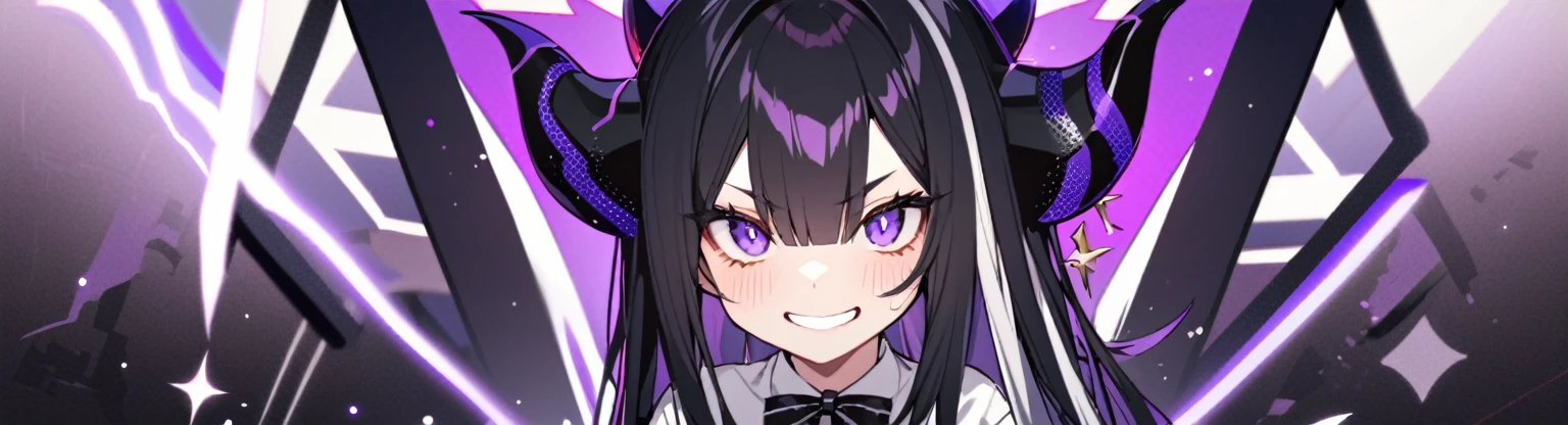 A girl with long black hair with straight bangs, with hair cut at the ends. Two large strands in the front, one bigger than the other. A rebel thread. A small white streak in your bangs. Two demon horns, one purple and one black, both with a dark purple star. one black eye and one purple eye. A purple star on your right cheek. black wide pants. All star shoe. Full white shirt with a bow tie with a star in the middle, with short sleeves. a big chest . Grinning. She is a star demon. She is standing looking at the camera. In one of his eyes a star in the black eye case, in the black eye and just black. Sex girl. Sex girl. One black eye and one purple eye