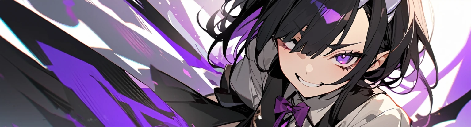 A girl with long black hair with straight bangs, with hair cut at the ends. Two large strands in the front, one bigger than the other. A rebel thread. A small white streak in your bangs. Two demon horns, one purple and one black, both with a dark purple star. one black eye and one purple eye. A purple star on your right cheek. black wide pants. All star shoe. Full white shirt with a bow tie with a star in the middle, with short sleeves. a big chest . Grinning. She is a star demon. She is standing looking at the camera. In one of his eyes a star in the black eye case, in the black eye and just black. Sex girl. Sex girl. One black eye and one purple eye