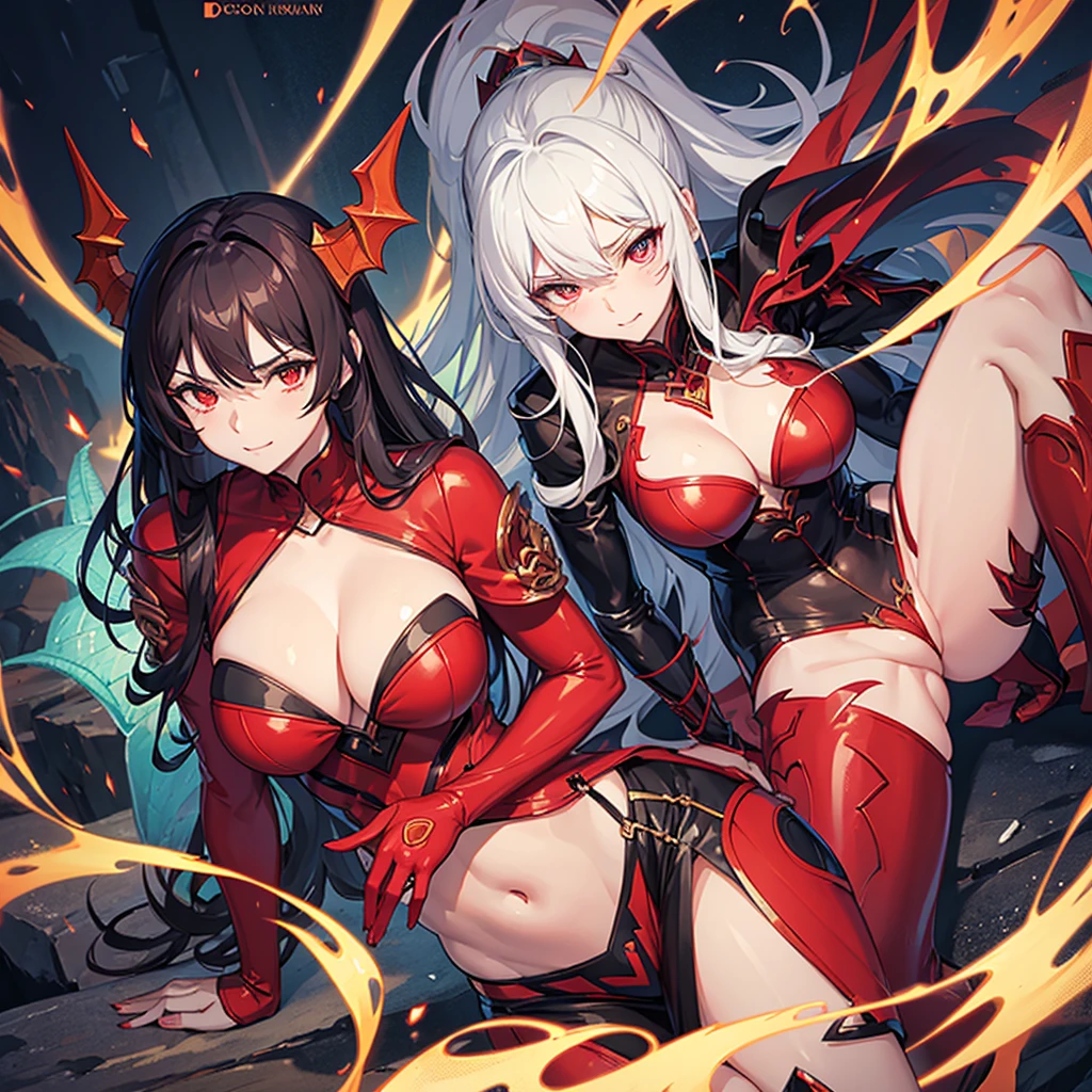 dragon woman, erotic revealing clothes. In one underwear .arrogant look, red vertical pupils. Large hips and bust. short stature.