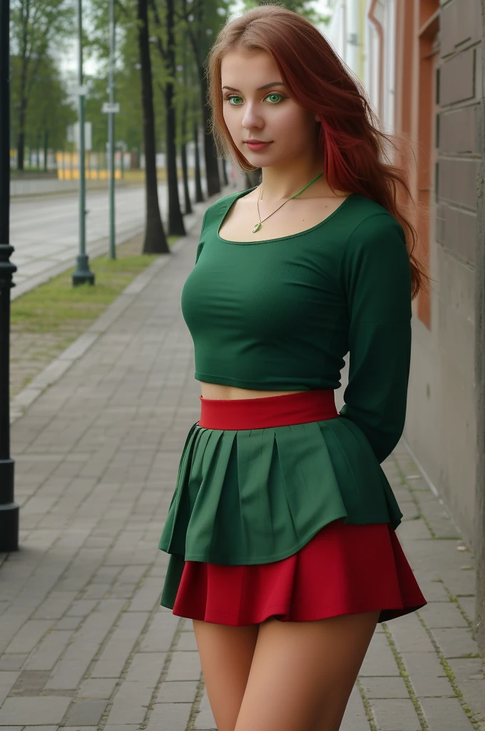 Lituania, pretty women, ((In Vilnius City)), before the Vilnius Cathedrale, on the Vilnius central place, ((wear a green top and a red skirt))