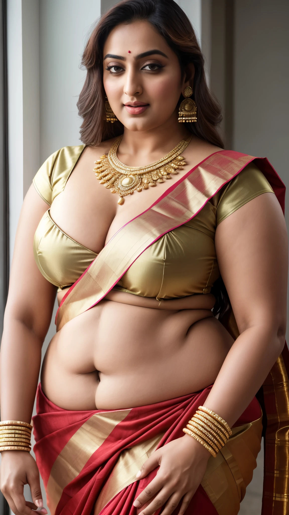 Foto RAW, photorealistic, photography, full body shot, master shot, perfect eyes, goddess like beauty, pierced eyes, perfect thick chubby mallu Desi aunty bhabhi, Full figured woman, juicy thick figure, bulky figure, curvy, fleshy curvy figure, voluptuous body, wide body, full figured aunty, Sexy navel folds, fleshy figure, heavy figure, Wearing a Stanapatta, a chest-band.Saree model, model Photography, Indian saree shoot, Indian traditional wear advertising photography, traditional wear brand shoot, face of Indian actress Sonakshi Sinha, masterpiece, realistic, realism, incredible details,  pleasure, photorealism, detailed skin, skin pores, high contrast, photorealistic Artstation 8k HD digital art trend of high definition and detailed realistic skin texture, ultra detail, realistic skin texture, armature, best quality, ultra high definition, (photorealistic:1.4),, high resolution, detail, raw photo, sweat, Re sharp, by Lee Jefferies Nikon D850 Film Stock Photo 4 Kodak Portra 400 Camera F1.6 Lens Rich Color Ultra Real Realistic Realistic Textures Dramatic Lighting Unreal Engine Trending at Art Station Cinestill 800,(pele altamente detalhada: 1.2), 8k UHD, DSLR, soft-lighting, alta qualidade, grain of film, Fujifilm XT3,she didn't like to wear blouse or bra, She doesn't like to wear bra or blouse as it is against her traditional customs, wearing a Bra or blouse is against her forbidden in her tribes ritual, traditional no blouse saree,  detailed hairy armpits, hyper realistic skin, skin pores, sweat, veins, 