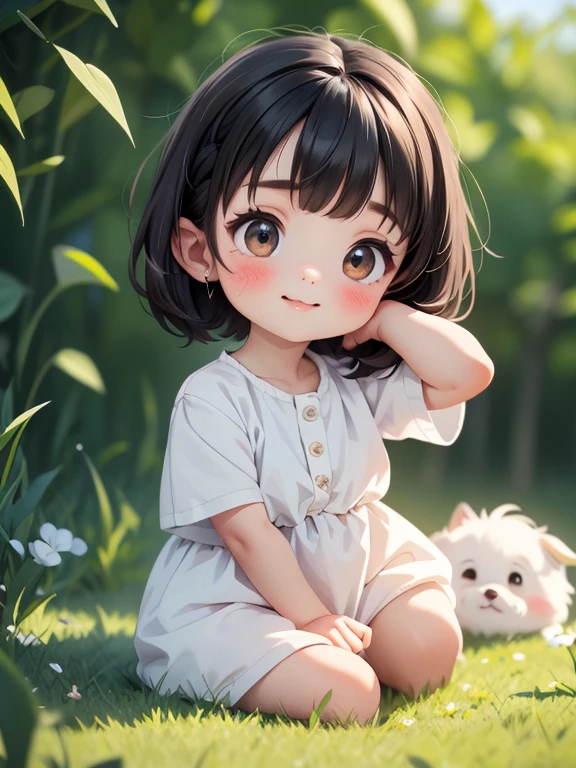 Highest quality、High resolution、Detailed Background、(Beautiful face in every detail:1.4)、Anatomically correct、(Detailed facial expressions)、(fine grain:1.2)、 Beauty、Cute hair color、Braided bob cut、3-year-olman 、ided Bob、Sleeping with a huge adult dog、A good friend、Samoyed、A patch of grass so tall it covers my feet、Small breasts、Perfect body line、Thick thighs、((Full Body Shot)), View your viewers, A little sleepy, A kind smile、Place your hands behind your head, Fun atmosphere、Cute gestures