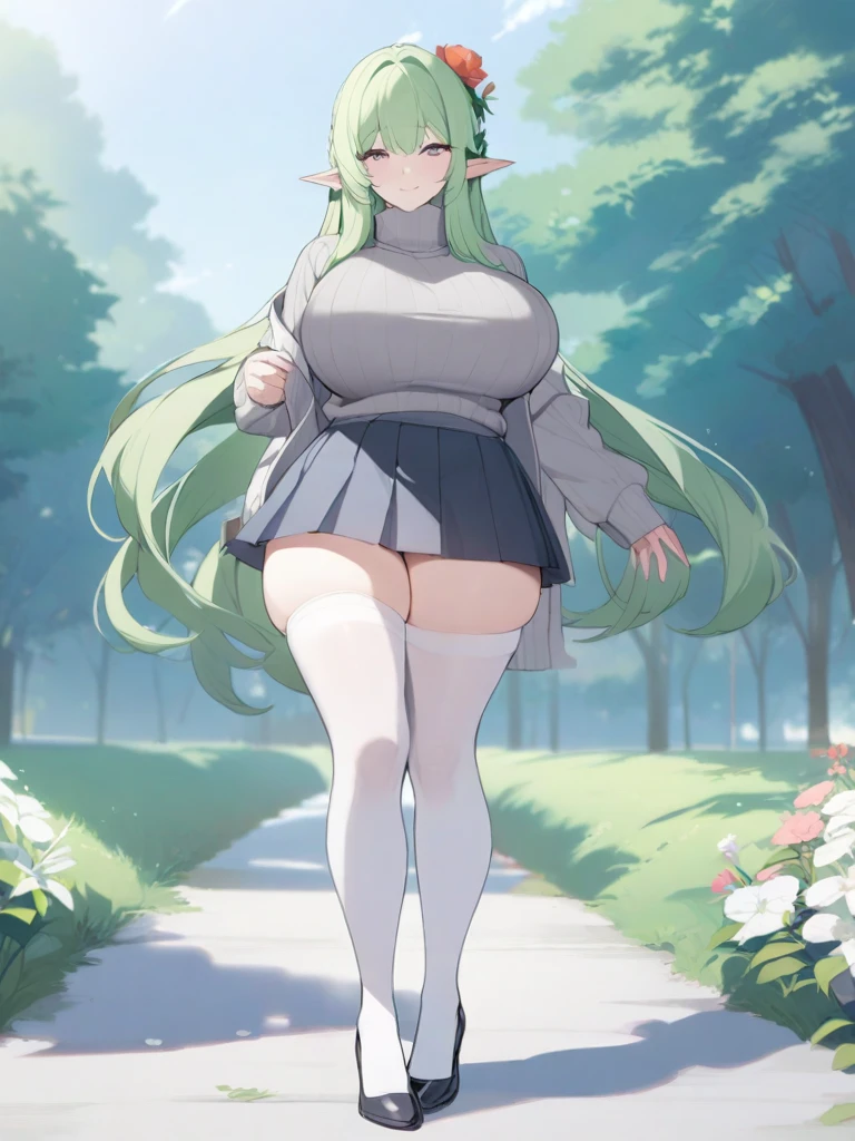 masterpiece, best quality, high quality, beautiful anime character, solo, anime girl with green hair, long hair, elf ears, purple eyes, big breasts, mature female, big girl, thick, light smile, outdoors, almost full body, (grey turtleneck sweater), dark pleated skirt, white thighhighs, (flower on head),
