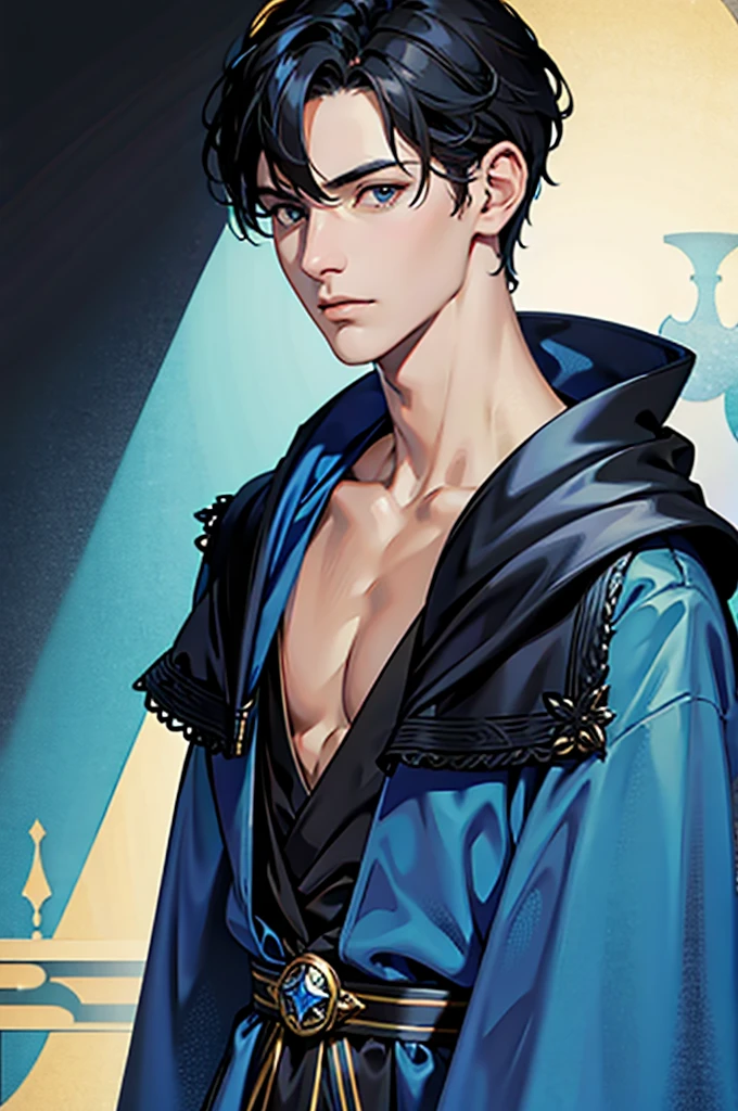 nobility, short black hair, velvet blue robes, closeup portrait