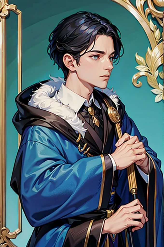 nobility, short black hair, velvet blue robes, closeup portrait