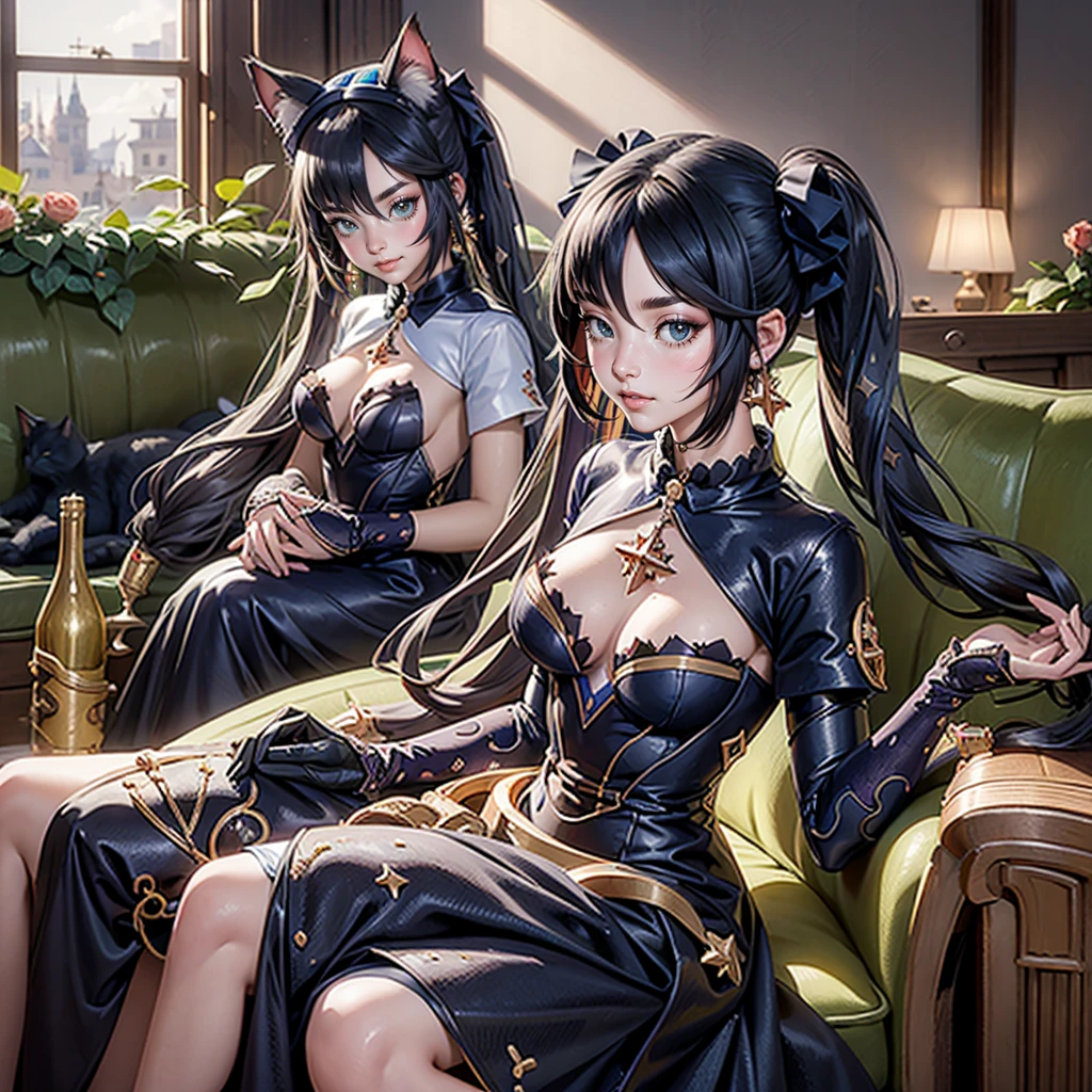 Mona_(genshin impact), cat ears, animal ears, cat tail, ornament hair, perfectly body, perfectly hands, wave hair, black hair, long hair, twintails, maid, maid dress, maid headdress, maid apron, seat on a sofa, garden, garden scenery, red roses on focus, gold lantern, navy dress, more details on her clothes, black dress, golden details, night, smiling, coat, ((4k, masterpiece, top-quality)),8k, best quality, high resolution, HD, (illustration:0.8), super cute girl, delicate and beautiful face, 1girl, solo, mature girl, super cute hairstyle, (beautiful detailed eyes:1.6), extremely detailed face, perfect lighting, extremely detailed CG, (perfect hands, perfect anatomy), Best quality, cleavage, skirt, full Body,
