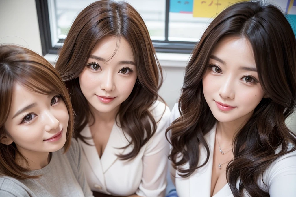 two sexy 40 years old women in kindergarten teachers outfits, various hair colors and hairstyles, flustered smiles, portrait, close up faces, view from above