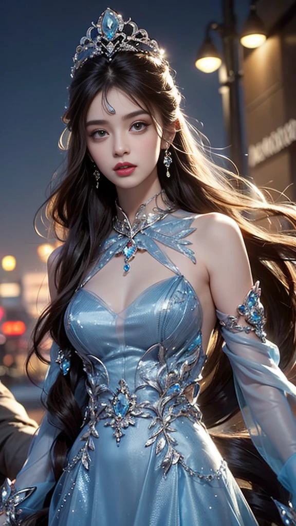 8K ultra hd, masterpiece, best quality, a beautiful girl, long hair, impressive hairstyle, royal hair jewelry, pretty cute face, flawless face, jewellery earrings, antique jewellery, details eyes, beautiful eyes, meticulous makeup, thin eyebrows, beautiful detailed lips, medium breasts, princess dress, blue dress, light blue laces, realistic colors, magic effect, night background, look directly at the audience,