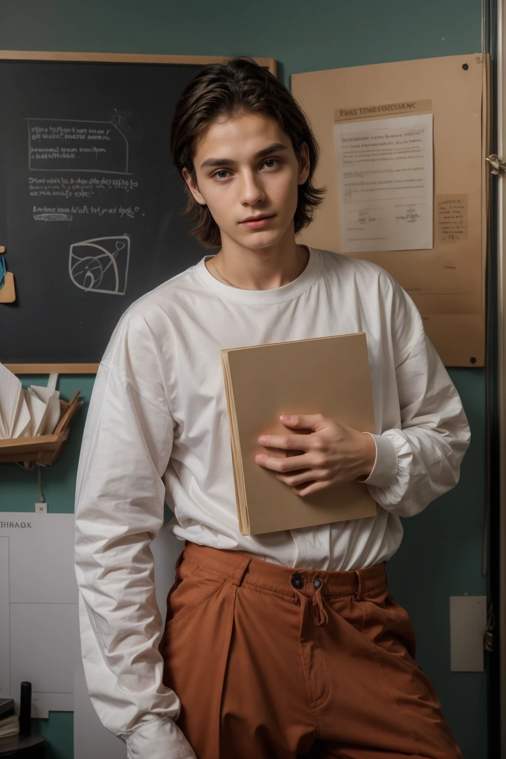 A beautiful young male twink, cute, with black hair, a face with reddish make-up, wearing a bright white long-sleeved shirt and aqua blue pants. He is in his office, and behind him is a blackboard on which is written the shape of the brain and its anatomy, from which nuclear energy emerges, and in his hand is a paper sheet with manuscripts on it.  The phrase “The Greatest Mind.”