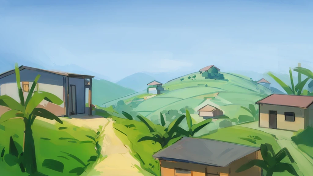 A Landscape neighborhood with hills and grass and bushes, beautiful compositions, rule of third, country side hills, farm hills, anime ghibli style, cows. africa congo. Farm crop Fields, beautiful blue sky, banana trees 