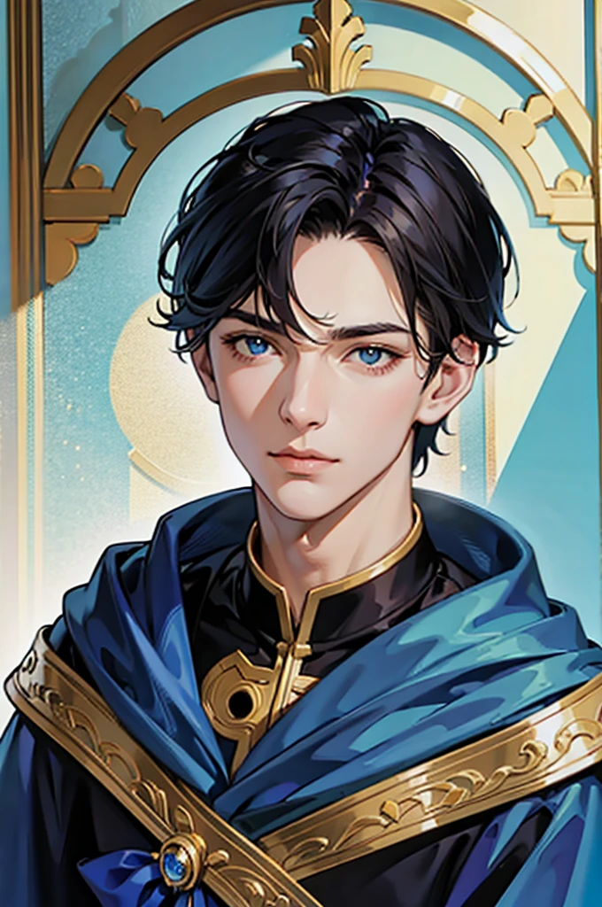 nobility, short black hair, velvet blue robes, closeup portrait