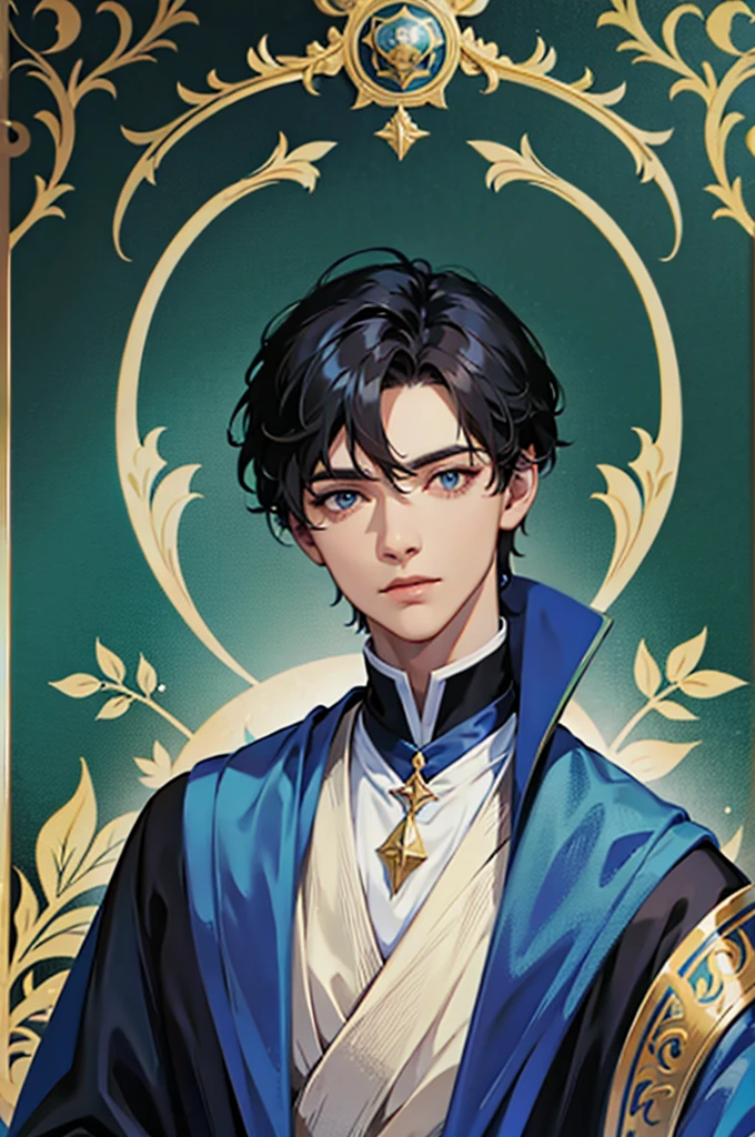 nobility, short black hair, velvet blue robes, closeup portrait