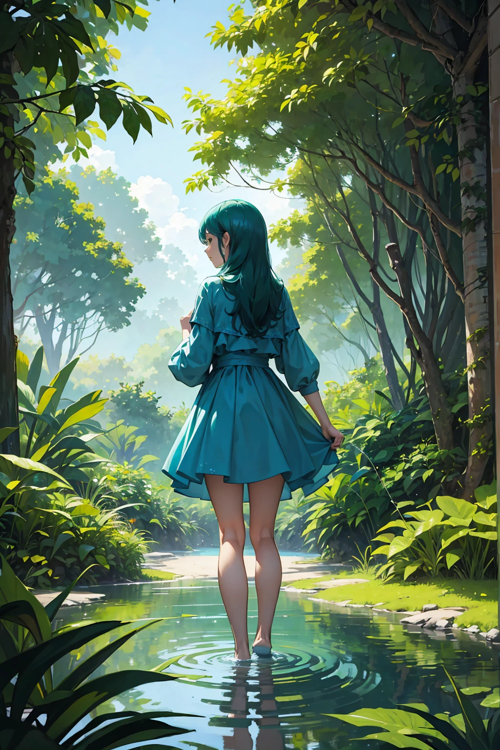 ((work of art, best qualityer)) Personagem 3 Fuuka, 1 girl, standing alone, water hair, shorth hair, in a lush jungle with vibrant flowers, from behind, Looking back