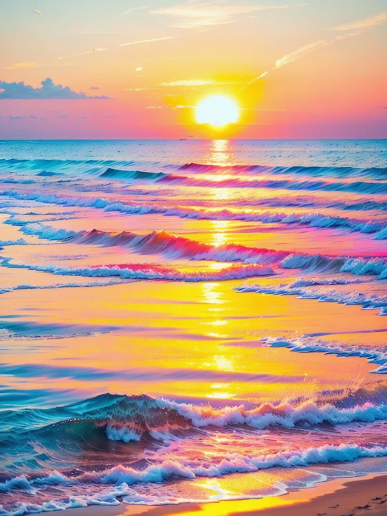 An absolutely mesmerizing sunset on the beach, with a mix of orange, pink, and yellow in the sky. The water is crystal clear, gently kisses the coast, and the white sand is endless. The scene is dynamic and breathtaking, with seagulls soaring high in the sky and palm trees swaying softly. Immerse yourself in the calm atmosphere and let the serenity surround you.