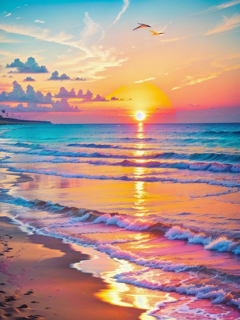 An absolutely mesmerizing sunset on the beach, with a mix of orange, pink, and yellow in the sky. The water is crystal clear, gently kisses the coast, and the white sand is endless. The scene is dynamic and breathtaking, with seagulls soaring high in the sky and palm trees swaying softly. Immerse yourself in the calm atmosphere and let the serenity surround you.