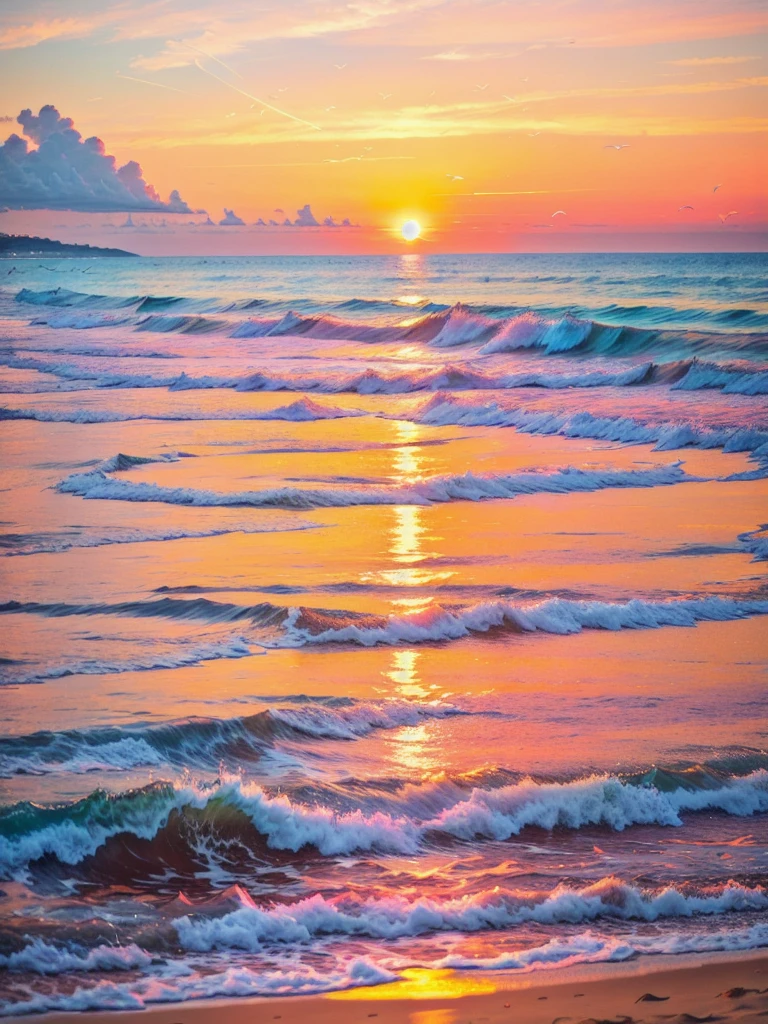 An absolutely mesmerizing sunset on the beach, with a mix of orange, pink, and yellow in the sky. The water is crystal clear, gently kisses the coast, and the white sand is endless. The scene is dynamic and breathtaking, with seagulls soaring high in the sky and palm trees swaying softly. Immerse yourself in the calm atmosphere and let the serenity surround you.