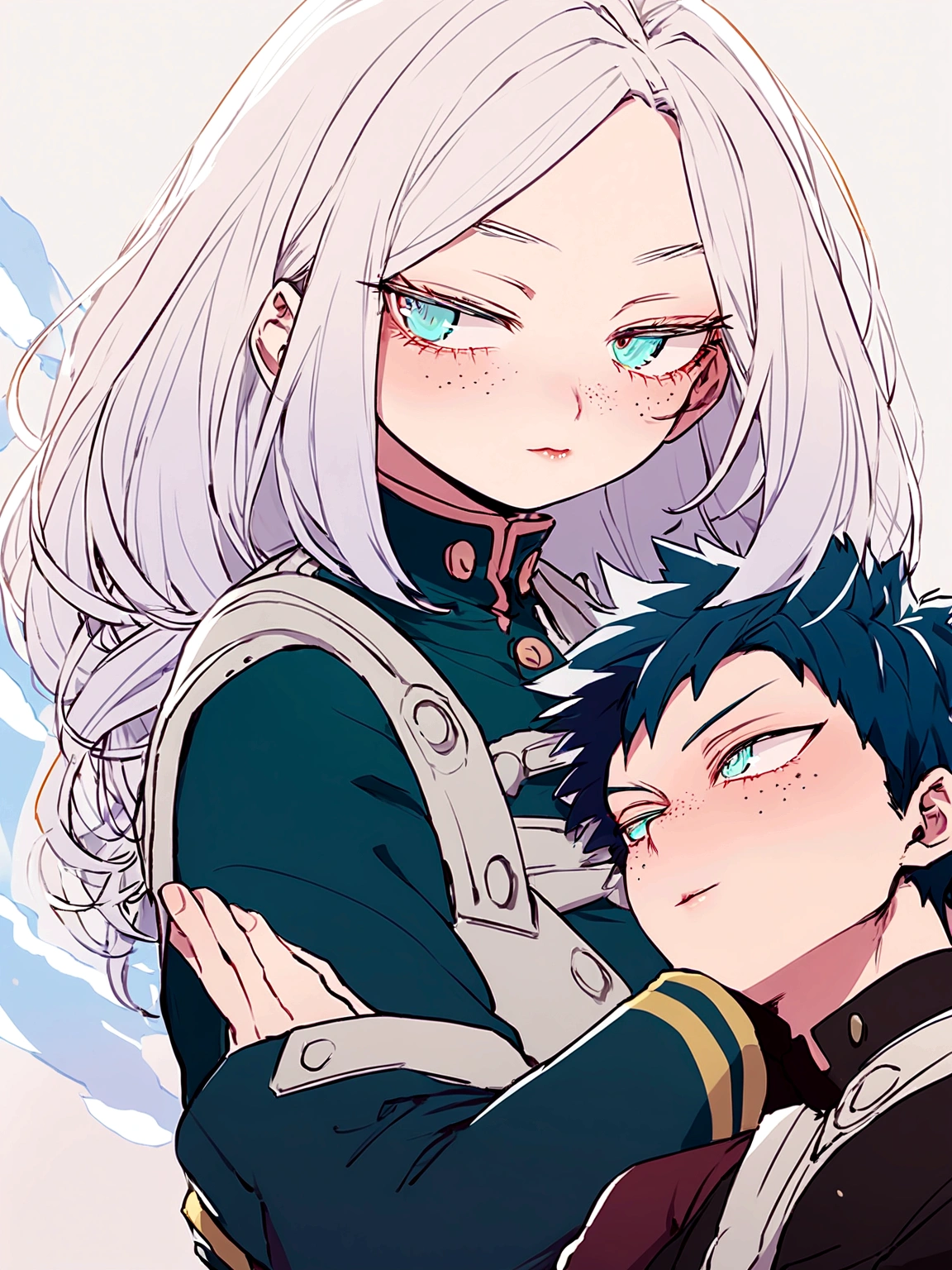 I want an oc from boku no hero academia, he has hip-length white hair, his eyes are slanted and large, bright blue. Her lips are delicate and there are freckles on her cheeks. He is wearing the UA uniform from Boku no hero academia and that is the drawing style of the image.