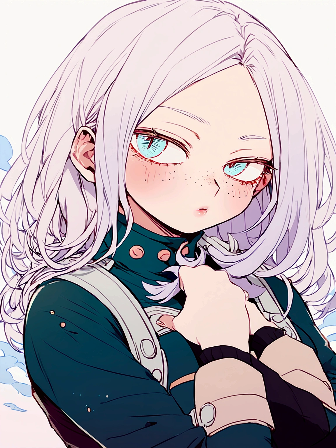 I want an oc from boku no hero academia, he has hip-length white hair, his eyes are slanted and large, bright blue. Her lips are delicate and there are freckles on her cheeks. He is wearing the UA uniform from Boku no hero academia and that is the drawing style of the image.