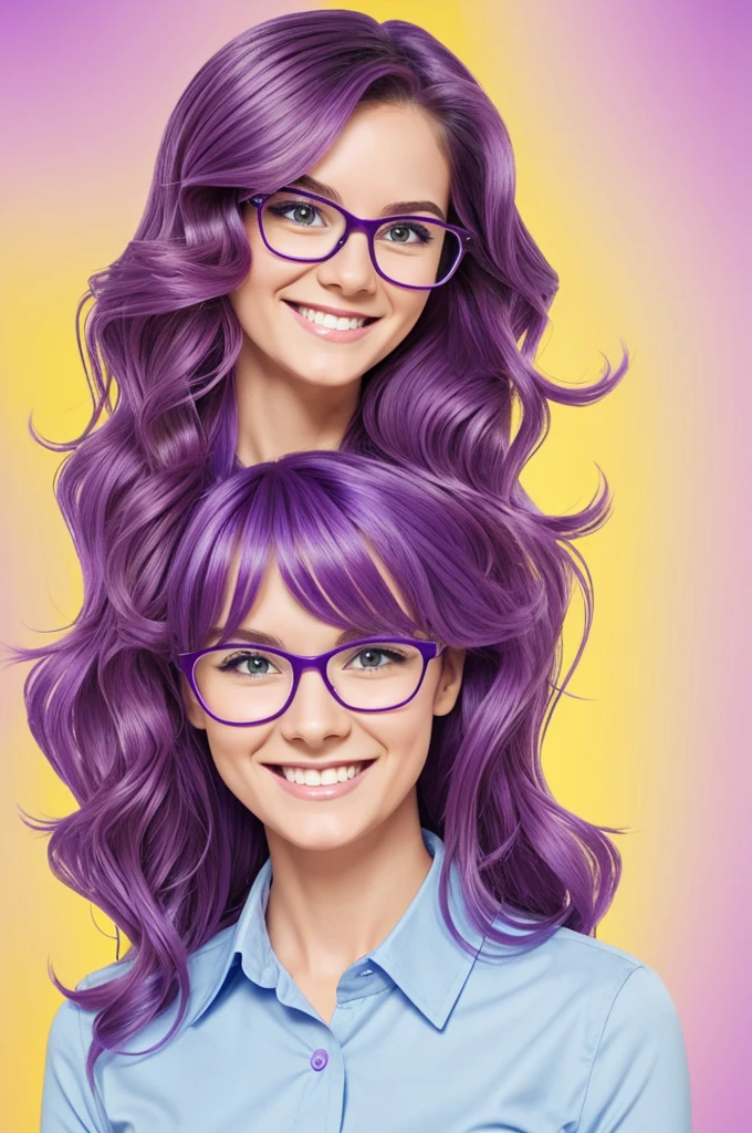 Teacher cartoon, with glasses, long wavy hair, happy, with colorful background with purple, lilac and yellow