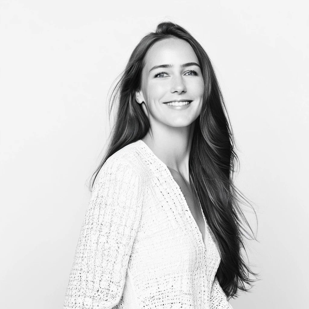  black and white  photoshoot of stefannie joosten posing in profile. Long straight hair falling freely. Her expression is joyful with a wide smile. The background is completely white, Her arms are crossed over her chest, creating a dynamic and expressive pose. The image conveys freedom, confidence, and joy.attletic,blue eyes, Brunette,1girl,stefaniejoosten