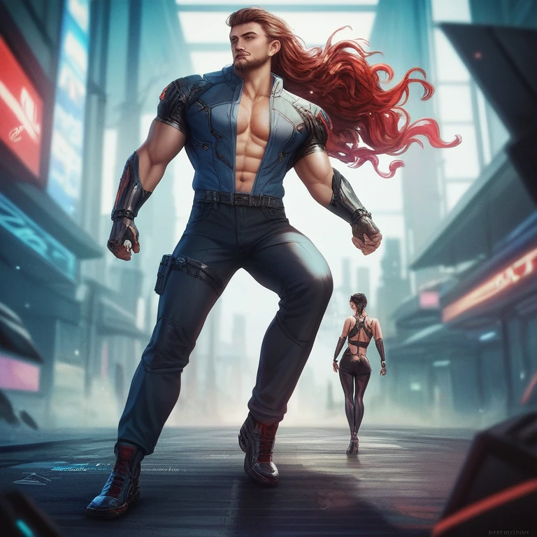 Masterpiece, Best Quality, (Extremely detailed CG unity 8k wallpaper), (Best Quality), (best illustration), (best shadow), absurdities, realistic lighting, (Abyss), beautiful detailed shine, arte de PeterMohrBacher, bdsm aesthetics. Tall man with long dark brown wavy hair. The woman of medium height with reddish hair. action: He holds her by the neck in a bdsm game. They both wear cyberpunk clothing