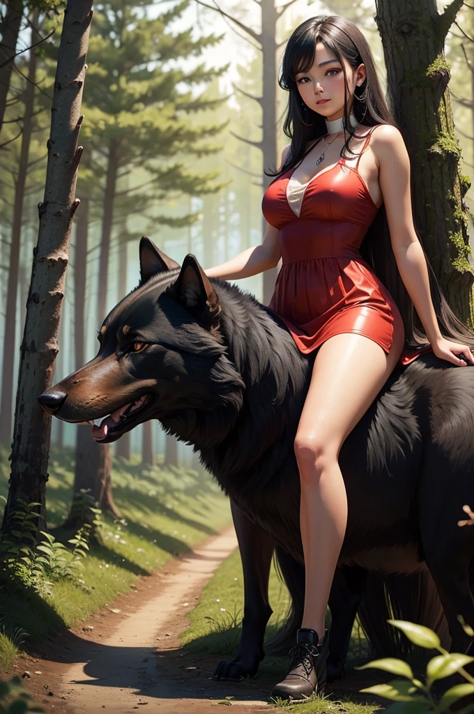 (masterpiece:1.2, Highest quality), forest, Huge dog standing, Naked girl sitting on a huge dog, The girl has short, black hair