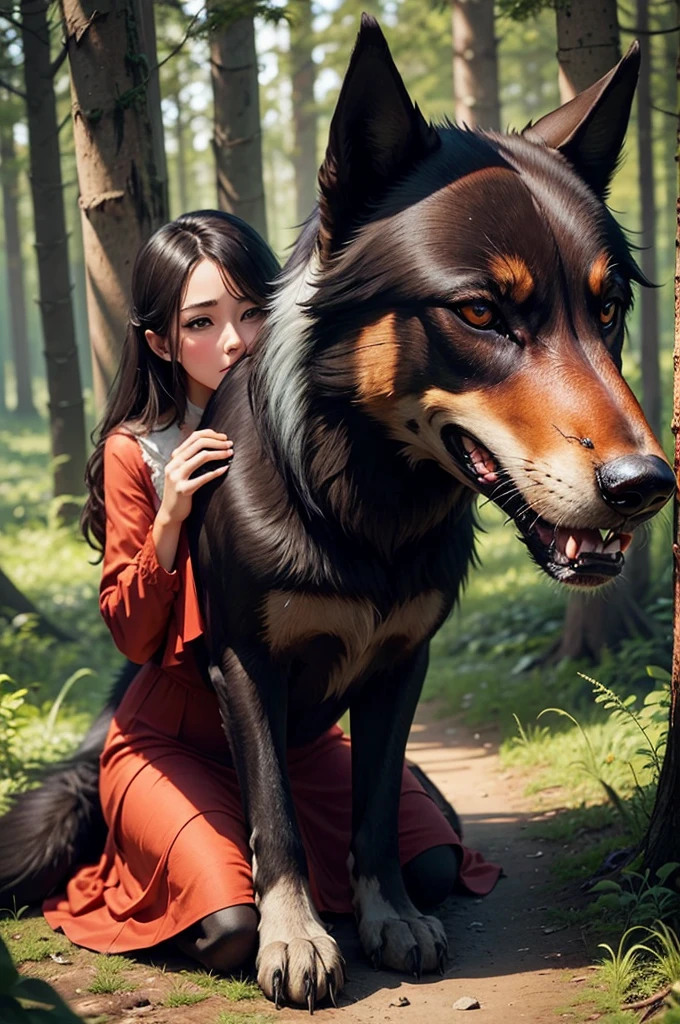 Sexy Posing, duo, (1female anthro tabby cat with with eyes wearing a red dress) and 1male 30 years old, cute, eyeliner, short black hair, biting lip smile, blue shirt, bedroom eyes, anthro, dog ears,husky dog, forest background, 8k, hi res, (best quality, masterpiece), blue eyes, lying on log, husky tail