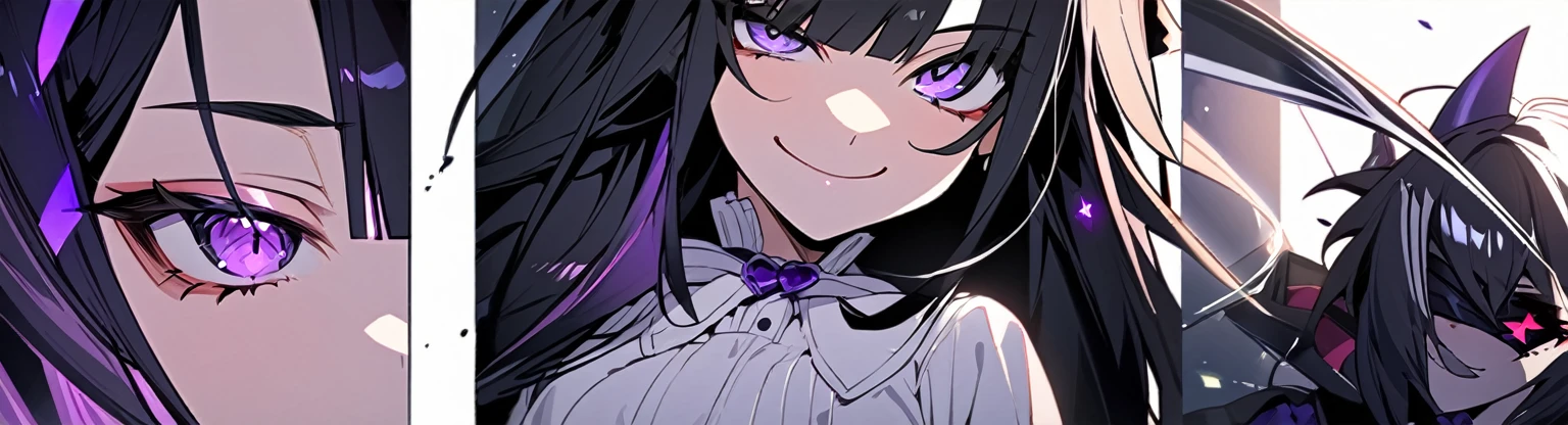 A girl with long black hair with straight bangs, with hair cut at the ends. Two large strands in the front, one bigger than the other. A rebel thread. A small white streak in your bangs. Two demon horns, one purple and one black, both with a dark purple star. one black eye and one purple eye. A purple star on your right cheek. black wide pants. All star shoe. Full white shirt with a bow tie with a star in the middle, with short sleeves.  a big chest . Grinning. She is a star demon. She is standing looking at the camera. In one of his eyes a star in the black eye case, in the black eye and just black. Sex girl. Sex girl. One black eye and one purple eye 