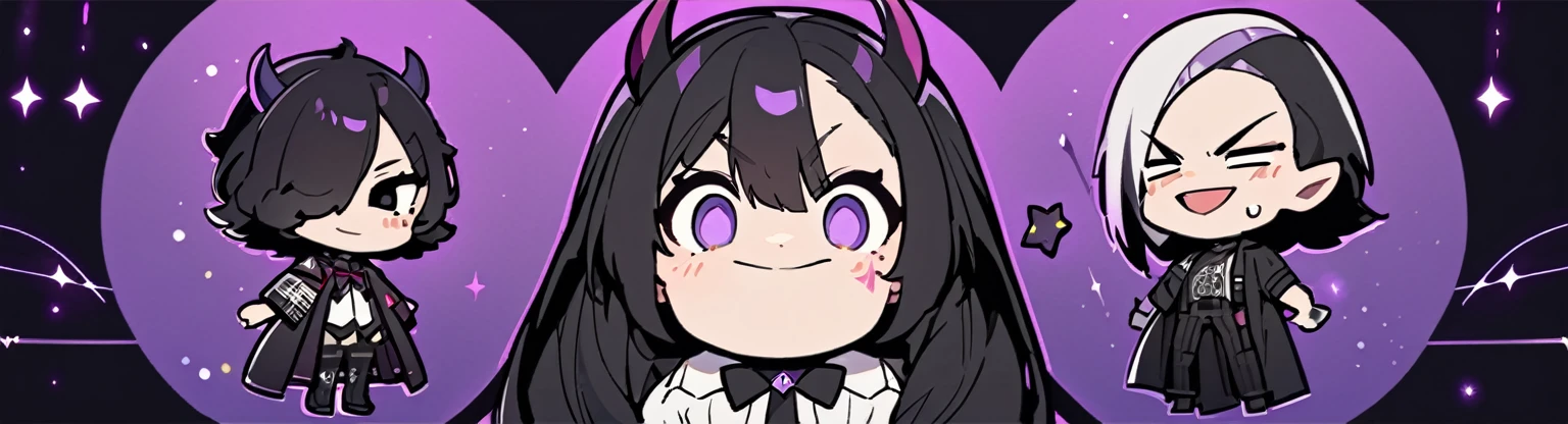 A girl with long black hair with straight bangs, with hair cut at the ends. Two large strands in the front, one bigger than the other. A rebel thread. A small white streak in your bangs. Two demon horns, one purple and one black, both with a dark purple star. one black eye and one purple eye. A purple star on your right cheek. black wide pants. All star shoe. Full white shirt with a bow tie with a star in the middle, with short sleeves.  a big chest . Grinning. She is a star demon. She is standing looking at the camera. In one of his eyes a star in the black eye case, in the black eye and just black. Sex girl. Sex girl. One black eye and one purple eye 