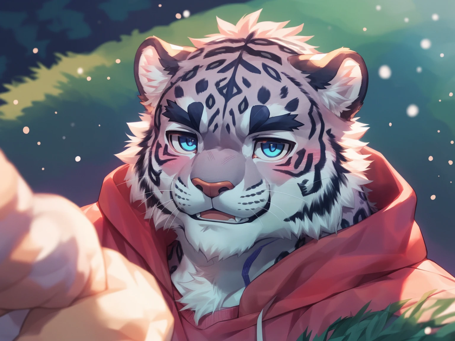 (Imagine:1.5), solitary, anthropology, hairy, hairy male, tiger, ((Fluffy fur, Fluffy, hairy body)), (Snow leopard print), (thick eyebrows), youth, muscular, The skin is white and big, Blue-gray pupils, Detailed teeth, , sideways, 害羞expression, 淡淡的Smile, blush, (動態posture:1.5), clear facial features, strong, majestic, solitary, panoramic, Fog atmosphere, early morning, Tyndall light effect, (author:ghost of emptiness, From Snow Leopard 20, masterpiece, high quality, High resolution,8K)Animal species**:tiger - **color**:black and white - **expression**:Smile,blush - **decorate**:Blue and pink wreath - **posture**:lying down,Hand reaching for the camera - **Scenes**:green grassland - **detail**:草原上有各式color的小花 - **visual angle**:俯視 - tiger躺在草地上,從俯visual angle度看過去。 - tiger的頭部微微傾斜,臉上帶著Smile,There is a slight blush on the cheeks。 - One hand reaches towards the camera,Seems to be greeting the audience。 - Wearing a wreath of blue and pink flowers on her head。 - 草地上有各種color的小花,background soft tones,Bright colors。(Pink sweatshirt:)Male Male Male Male