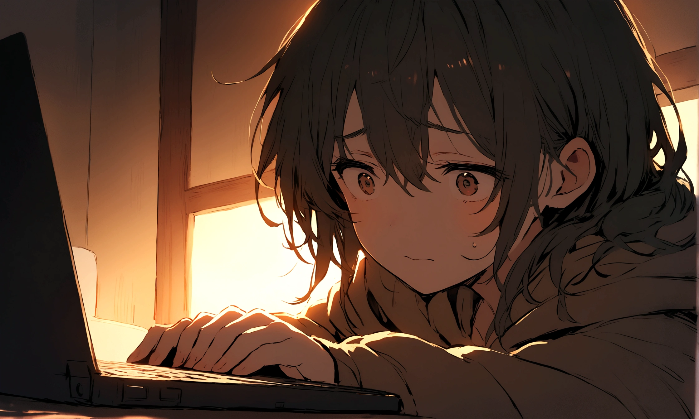 The protagonist quickly closes the laptop, a look of guilt and shame on their face.