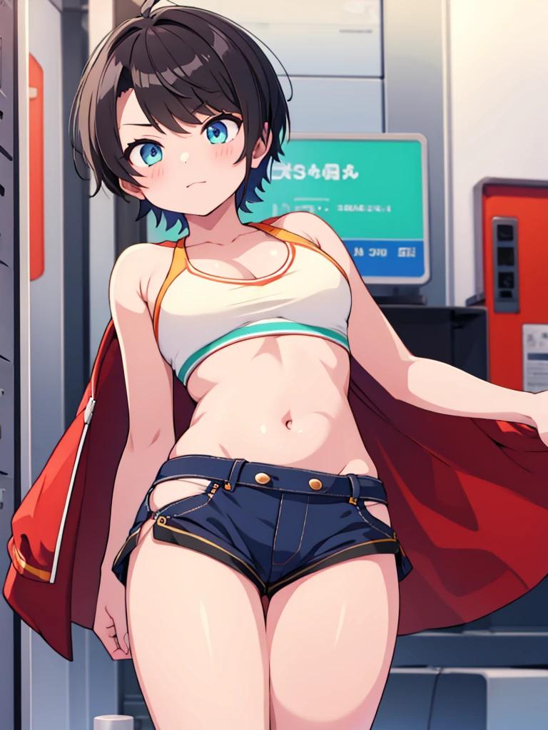 1 sexy girl, street landscape,people,posing on a stool,posing for a magazine, (magazine cover), full body, bikini, (), peni Parker, beautiful, (14 years), ((micro bikini)), good anatomy, masterpiece, hands back