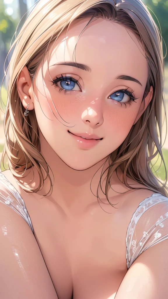 (best quality,4k,8k,highres,masterpiece:1.2),ultra-detailed,(realistic,photorealistic,photo-realistic:1.37),A girl,,blushing,light smile,sitting,outdoors,beautiful detailed eyes,beautiful detailed lips,extremely detailed eyes and face,long eyelashes,soft morning light,vibrant colors,delicate textures,subtle shadows