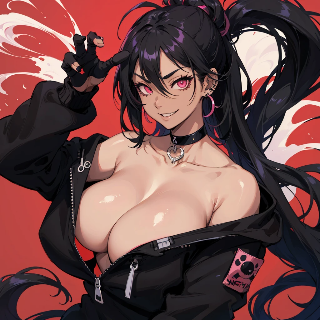kpop girl with rizz smile face, bad ass, long black messy hair, piercing, black sweater, cool badass pose, smoke background ,jht, dark skin, huge  , curvy body, cleavage, shoulder free, choker, pink eyes