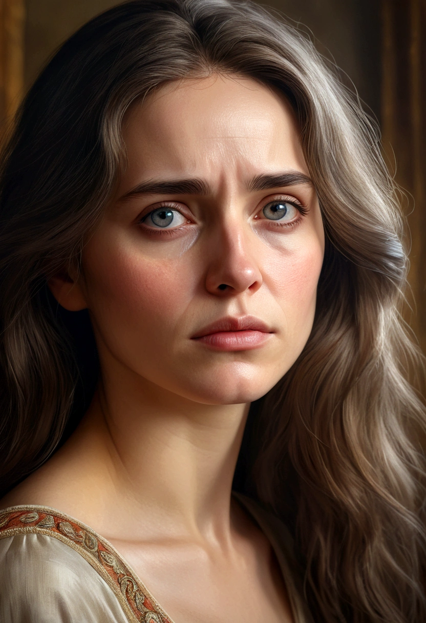 (best quality,highres,masterpiece:1.2)portrait, melancholic woman with teary eyes, soft lighting to convey her sadness and emotions, delicate brush strokes, vibrant colors, fine details, elegant composition, emotional depth, realistic style, flowing hair, gentle background