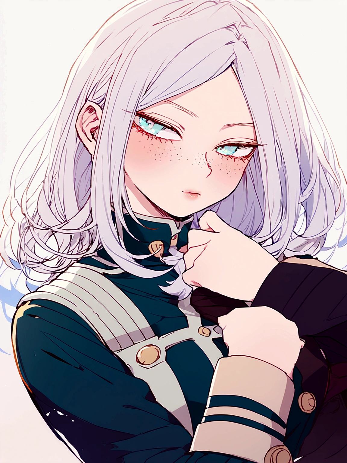 I want an oc from boku no hero academia, he has hip-length white hair, his eyes are slanted and large, bright blue. Her lips are delicate and there are freckles on her cheeks. He is wearing the UA uniform from Boku no hero academia and that is the drawing style of the image.