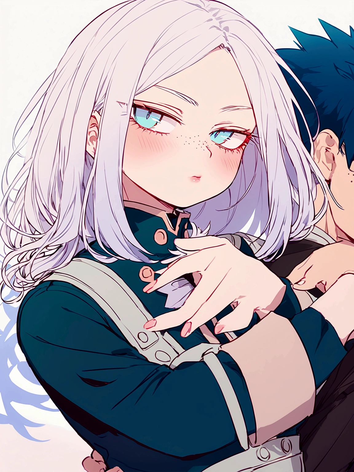 I want an oc from boku no hero academia, he has hip-length white hair, his eyes are slanted and large, bright blue. Her lips are delicate and there are freckles on her cheeks. He is wearing the UA uniform from Boku no hero academia and that is the drawing style of the image.