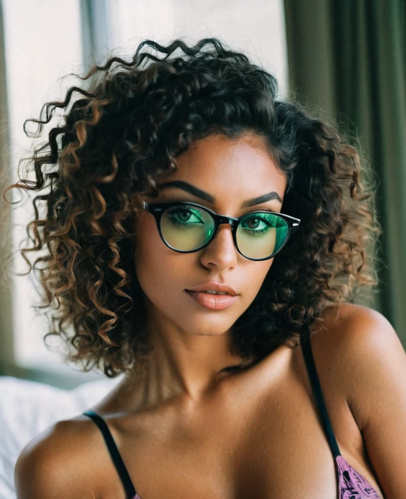 (Black framed glasses:1.2), arafed black woman with a black bikini, brazilian woman, tanned caramel skin, sexy girl with soft green eyes, portrait sophie mudd, brown hair and large eyes, tight curls, curly hair, picture of a young woman, bedroom eyes, violet myers, without makeup, natural makeup, looking directly at the camera, face with artgram, subtle makeup, piercing green eyes, 4 kodak portra 400 ,camera f1.6 lens ,rich colors ,hyper realistic