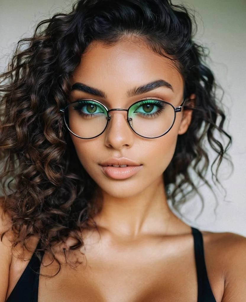 (Black framed glasses:1.2), arafed black woman with a black bikini, brazilian woman, tanned caramel skin, sexy girl with soft green eyes, portrait sophie mudd, brown hair and large eyes, tight curls, curly hair, picture of a young woman, bedroom eyes, violet myers, without makeup, natural makeup, looking directly at the camera, face with artgram, subtle makeup, piercing green eyes, 4 kodak portra 400 ,camera f1.6 lens ,rich colors ,hyper realistic