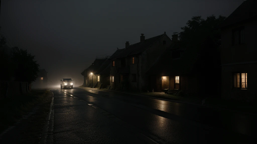 Dense Foggy Road at Night: A black mercedes car speeding on a deserted village road shrouded in dense fog, barely visible ahead(distance view), background old village, there is no light source in village