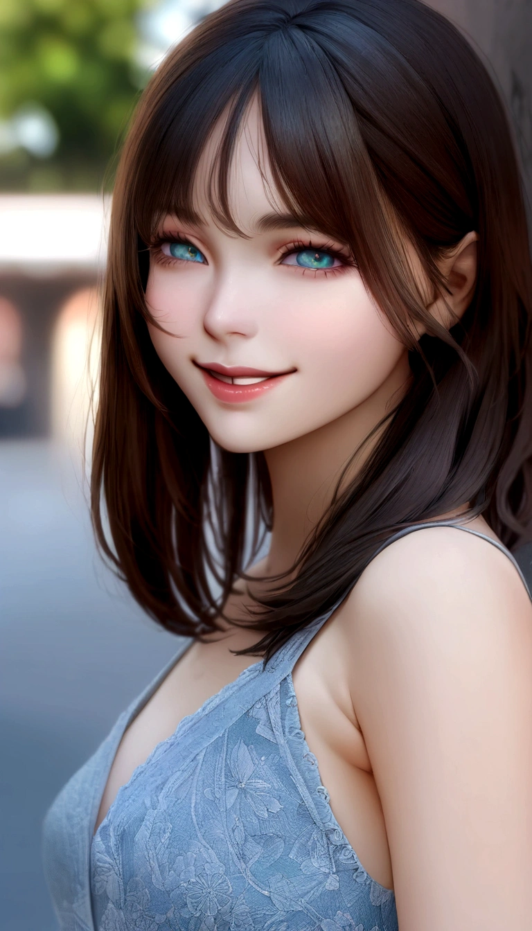 masutepiece, Best Quality, Illustration, Ultra-detailed, finely detail, hight resolution, 8K Wallpaper, Perfect dynamic composition, Beautiful detailed eyes, Women's Fashion Summer,Medium Hair,Small breasts natural color lip, Bold sexy poses,Smile,Harajuku、20 years girl、Cute、Sexy shot looking at camera