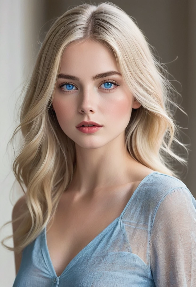 The female model in the image exudes confidence and beauty, with her striking blue eyes and perfectly styled blonde hair. The rendering style is a mix of impressionism and realism, creating a unique and visually captivating image