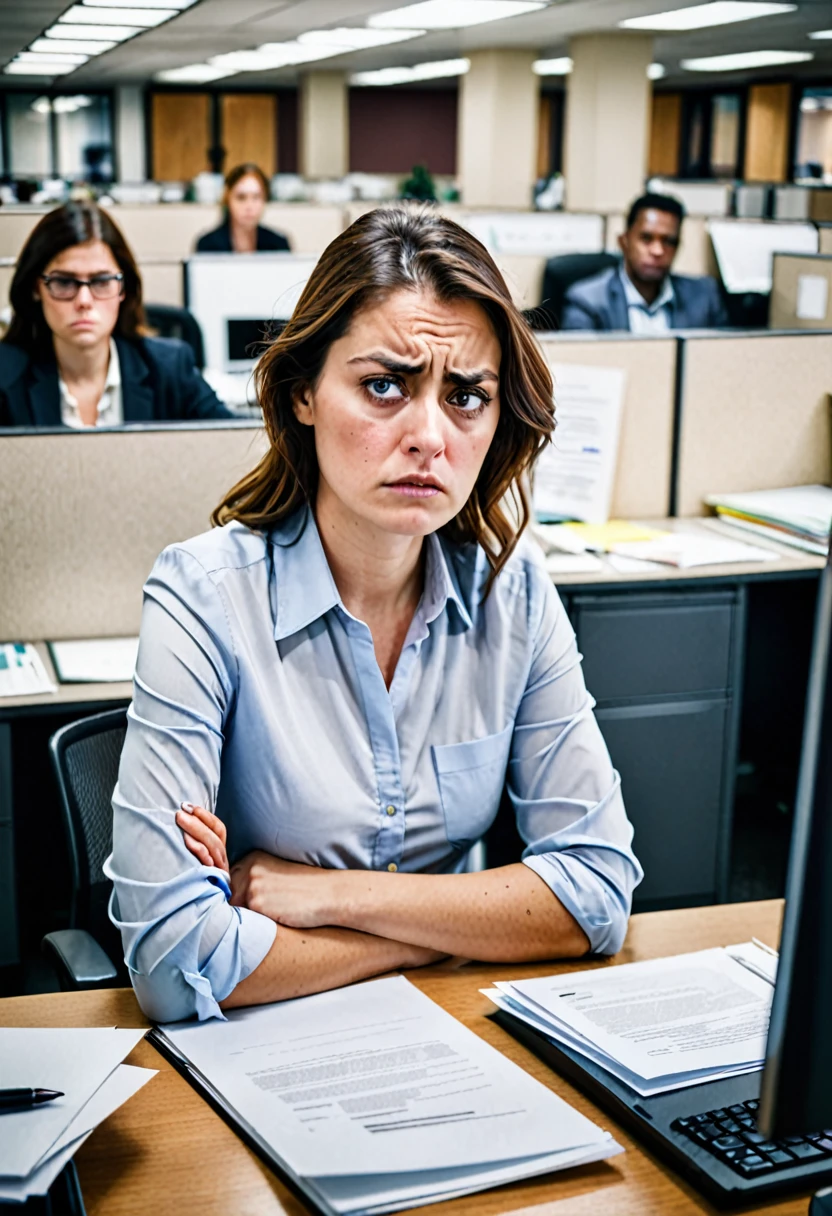a woman, clearly looking tired, with dark circles under her eyes, in a crowded work environment with several cubicles, with lots of papers in the background looking at the computer, clearly unhappy