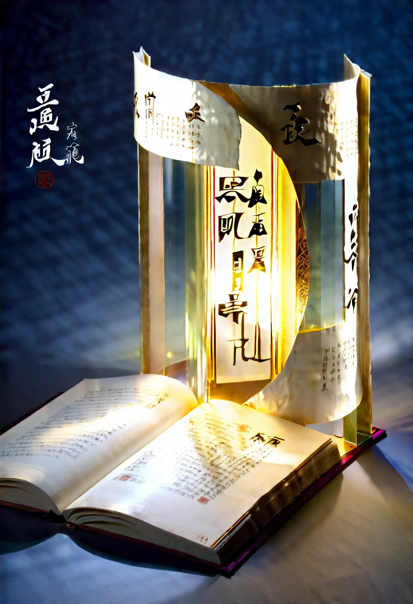 An unrolled ancient Chinese rice paper book, opened and placed, glass material, written with Chinese characters in gold, transparent, light blue, white, light gold, C4D, OC renderer, dreamlike, combined with the sense of the ancient and the future, three-dimensional ancient, bioluminescent, a beam of light, three-dimensional ancient, romantic ancient, light yellow, clean background, Zhao Wuji, Clear particles, clear light and shadow, real and virtual fields, ultra-high resolution, the overall composition is very artistic and spatial --ar 3:4