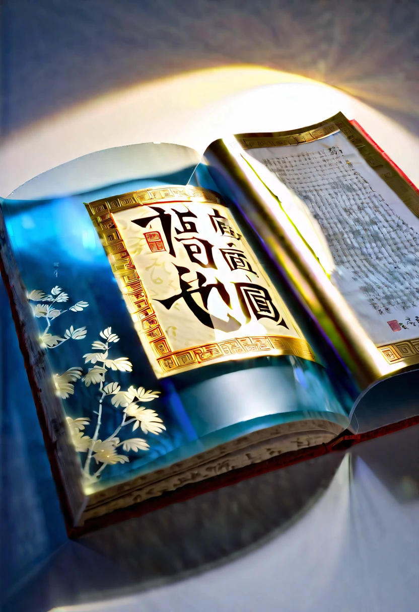 An unrolled ancient Chinese rice paper book, opened and placed, glass material, written with Chinese characters in gold, transparent, light blue, white, light gold, C4D, OC renderer, dreamlike, combined with the sense of the ancient and the future, three-dimensional ancient, bioluminescent, a beam of light, three-dimensional ancient, romantic ancient, light yellow, clean background, Zhao Wuji, Clear particles, clear light and shadow, real and virtual fields, ultra-high resolution, the overall composition is very artistic and spatial --ar 3:4
