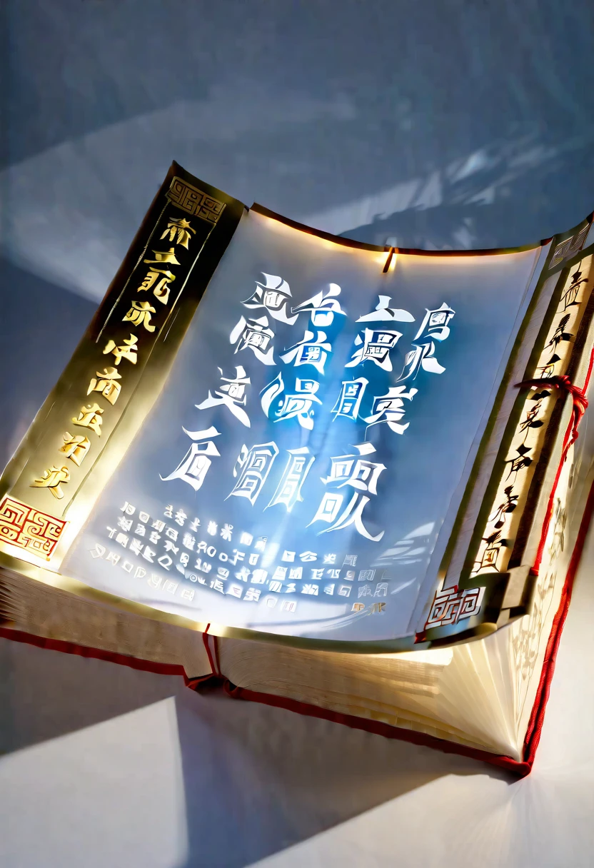  An unrolled ancient Chinese rice paper book, opened and placed, glass material, written with Chinese characters in gold, transparent, light blue, white, light gold, C4D, OC renderer, dreamlike, combined with the sense of the ancient and the future, three-dimensional ancient, bioluminescent, a beam of light, three-dimensional ancient, romantic ancient, light yellow, clean background, Zhao Wuji, Clear particles, clear light and shadow, real and virtual fields, ultra-high resolution, the overall composition is very artistic and spatial --ar 3:4
