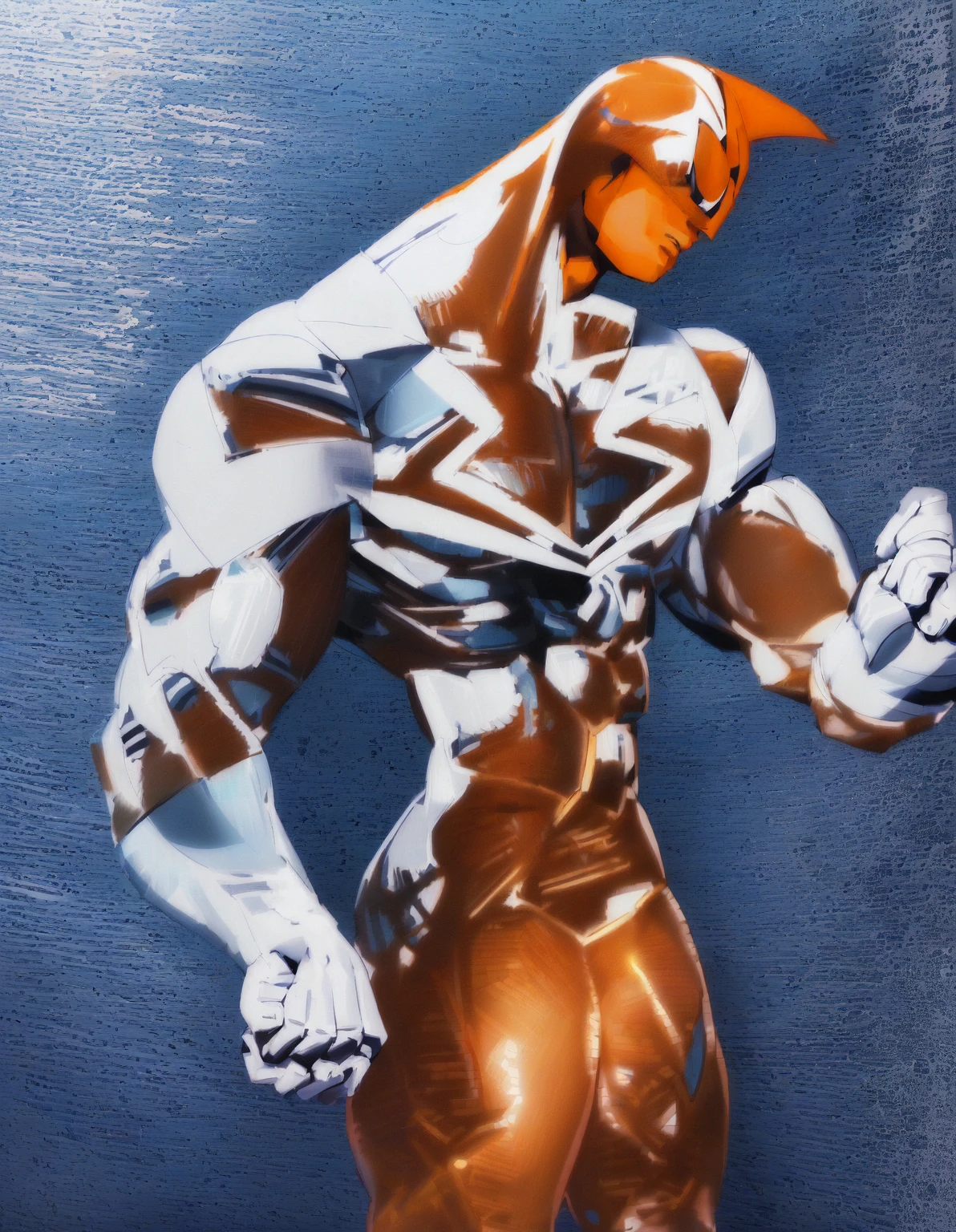masterpiece, best quality, (extremely detailed CG unity 8k wallpaper), (best quality), (best illustration), (best shadow), muscular man, he is wearing a shinny metal dark blue seal skin suit with shinny orange gloves, 'V' shape on chest is orange color, he is wearing a mask with large orange shinny metallic goggles, realistic lighting, (Abyss), beautiful detailed glow, strong hands closed into fists.