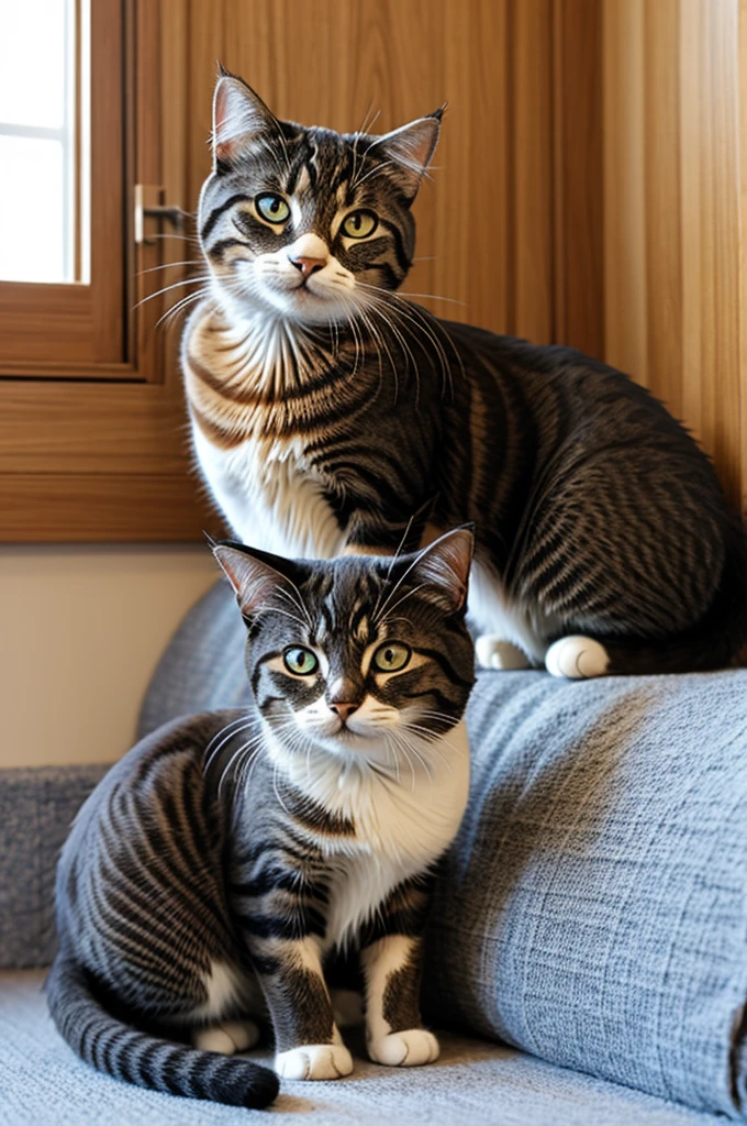 Cat with stripes, happy, with his cat friends
